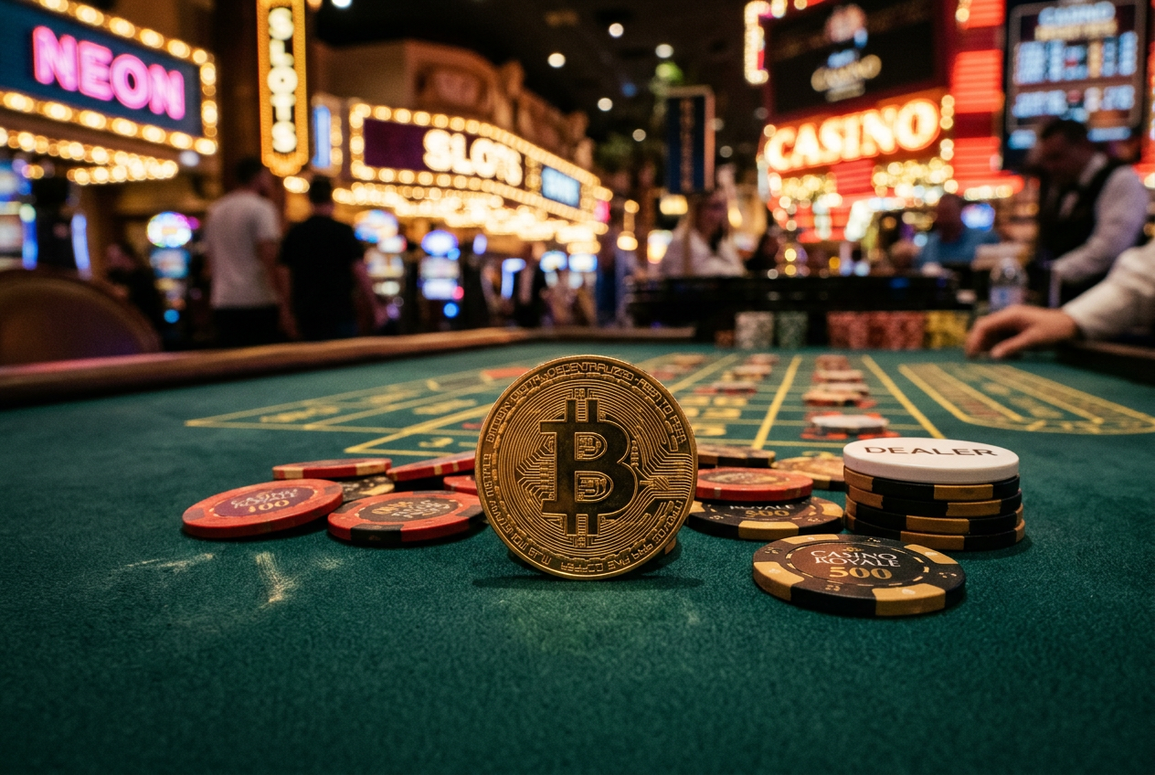 Detailní záběr na Bitcoin a kasino žetony na herním stole