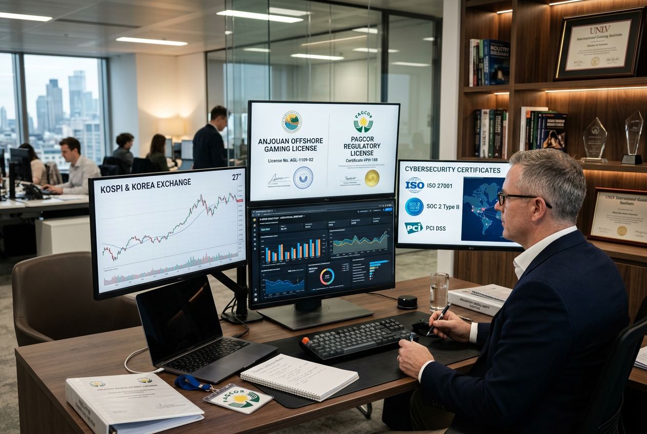 Pracovní plocha experta analyzujícího bezpečnostní certifikáty a licence online kasin na monitoru