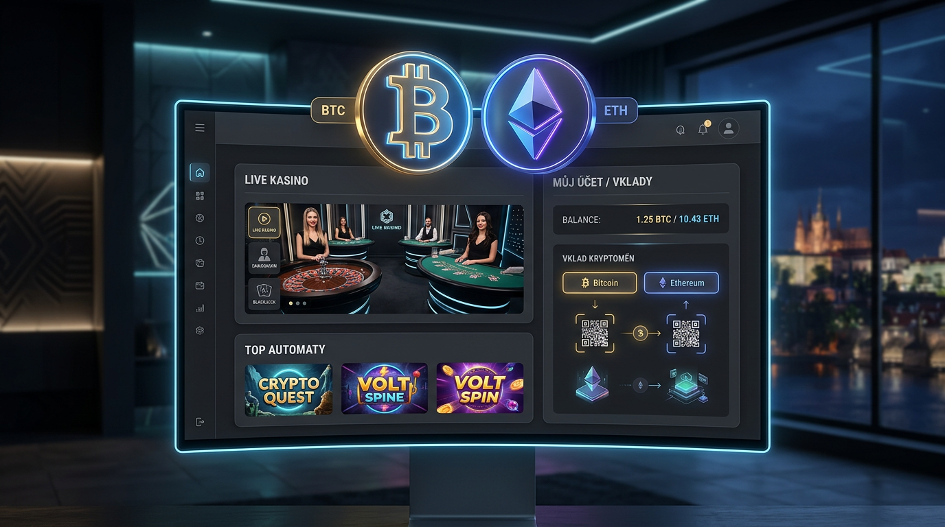 Moderní rozhraní krypto kasina s logy kryptoměn