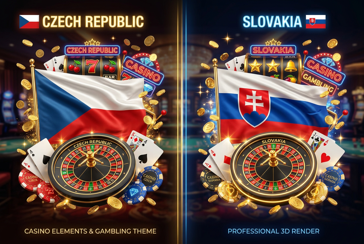 Minimalistické srovnání českého a slovenského kasinového trhu s mincemi a symboly štěstí